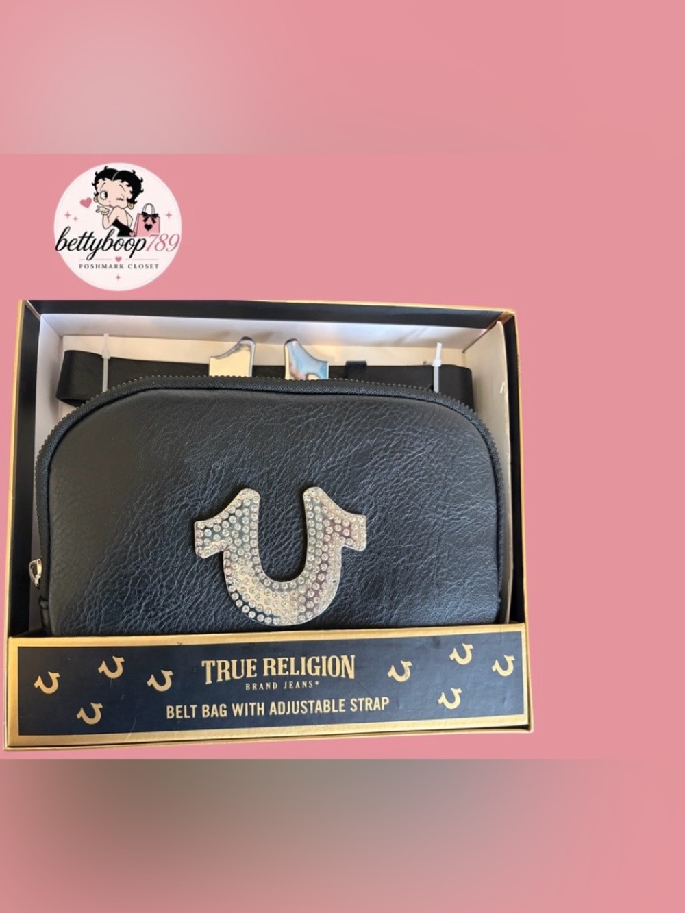 True Religion Black Leather Belt Bag with Rhinestone Horseshoe Logo